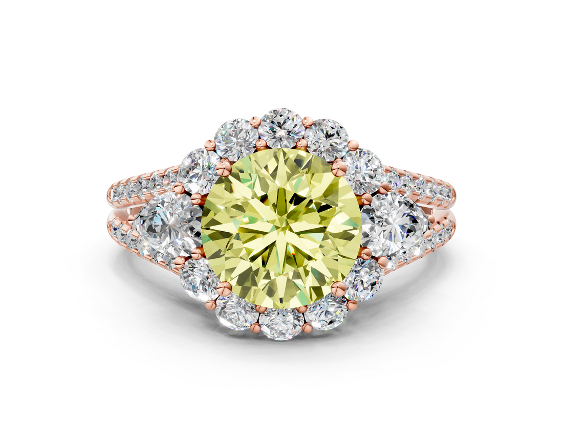Rose gold Fancy Yellow Round  Halo Split Shank Diamond Engagement Ring with Prong Setting