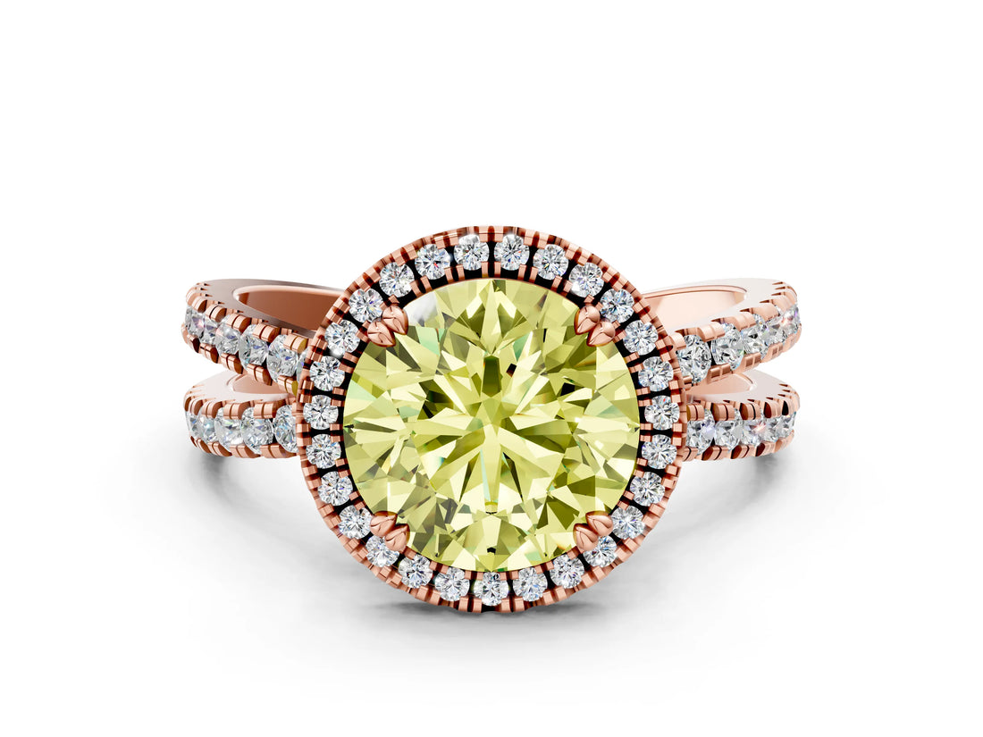 Rose gold Fancy Yellow Round  Halo Split Shank Diamond Ring with Pavé Setting_26