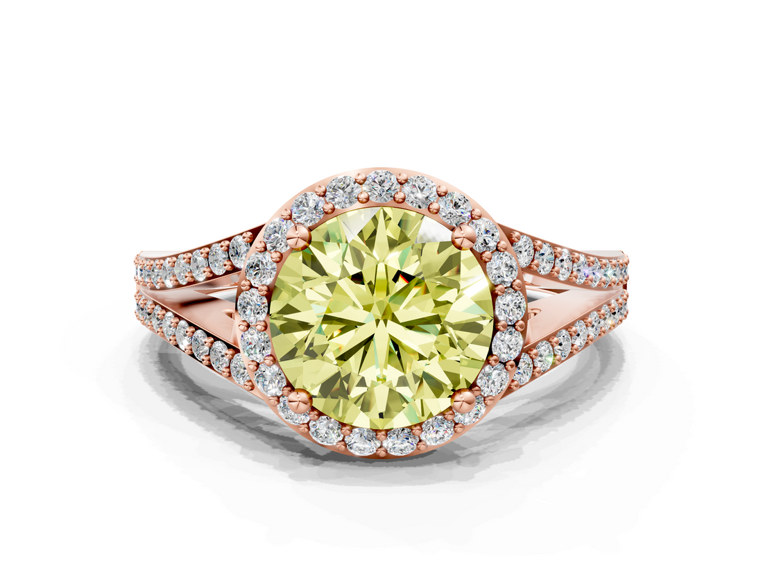 Rose gold Fancy Yellow Round  Halo Split Shank Diamond Ring with Prong Setting