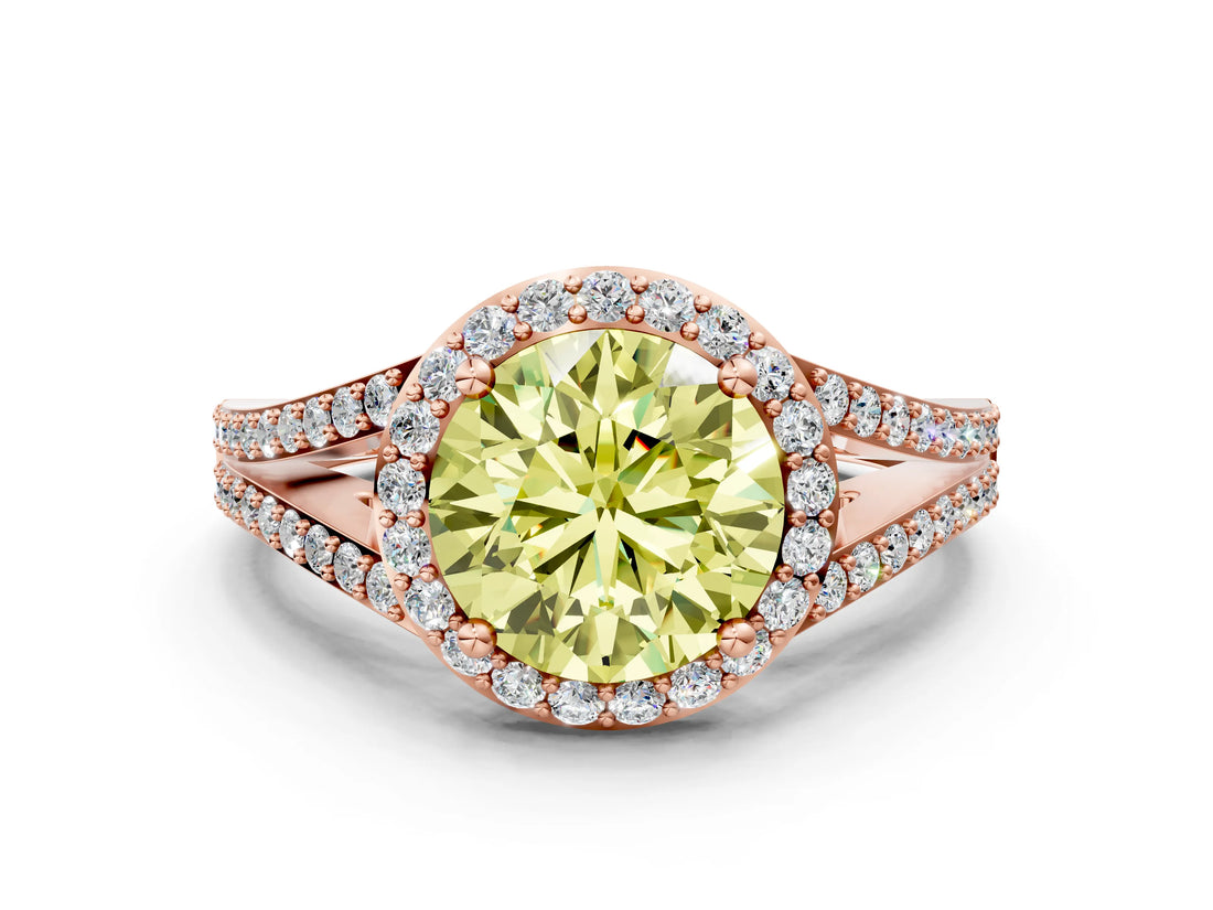 Rose gold Fancy Yellow Round  Halo Split Shank Pave Diamond Ring with Four-Prong Setting_29