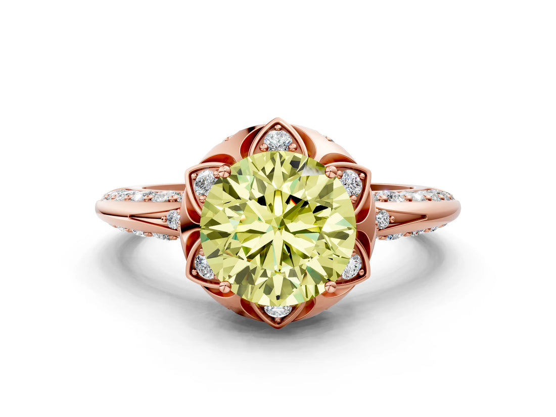 Rose gold Fancy Yellow Round  Halo Split Shank Pave Diamond Ring with Petal Prong Setting_20