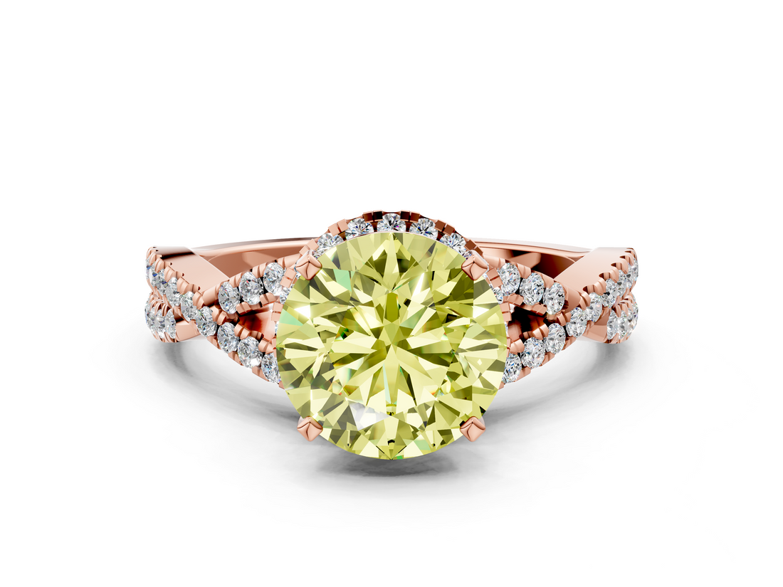 Rose gold Fancy Yellow Round  Halo Twist Band Solitaire Prong Setting Ring