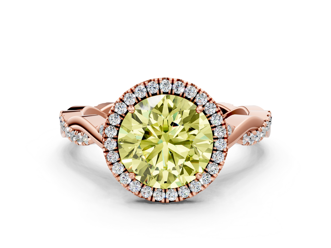 Rose gold Fancy Yellow Round  Halo Twist Band Solitaire Ring