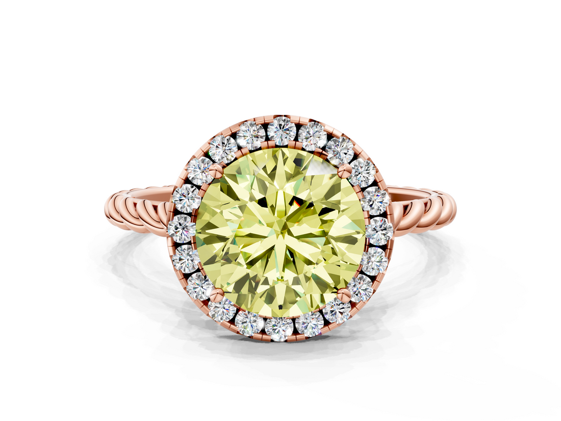 Rose gold Fancy Yellow Round  Halo Twisted Band Four-Prong Diamond Ring
