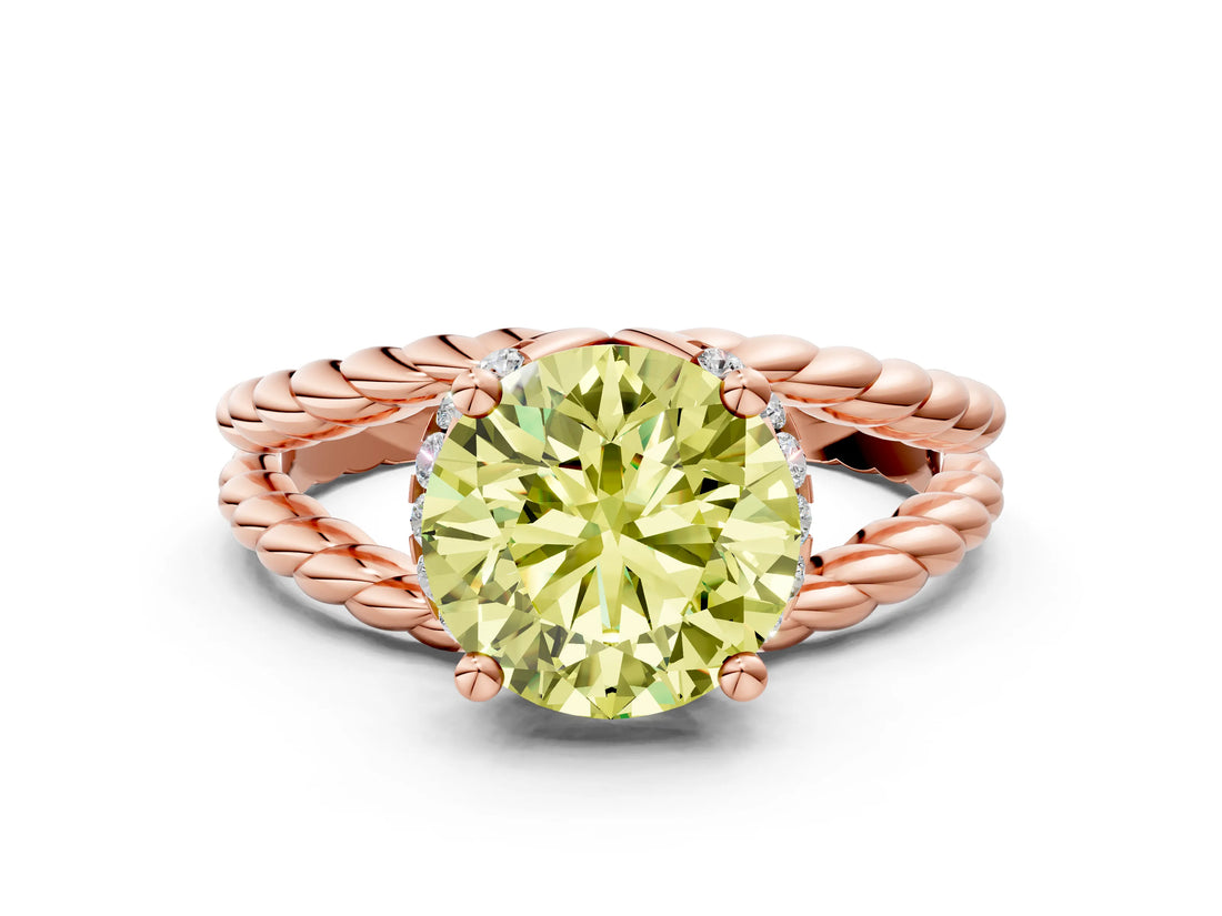 Rose gold Fancy Yellow Round  Halo Twisted Band Four-Prong Ring_32