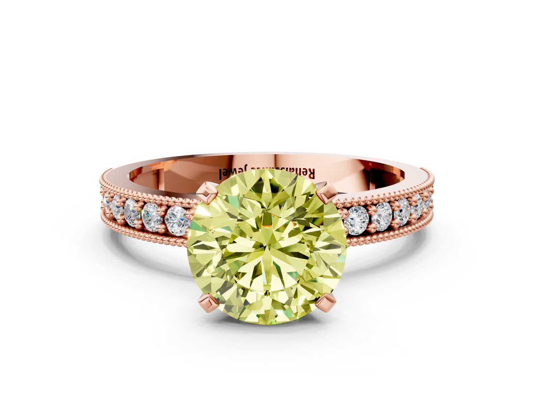 Rose gold Fancy Yellow Round  Milgrain Pave Diamond Engagement Ring with Four-Prong Setting