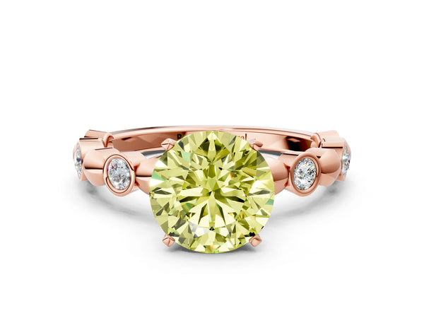 Rose gold Fancy Yellow Round  Solitaire Bezel-Set Diamond Ring with Beaded Band and Four-Prong Setting