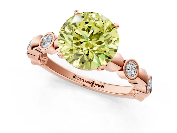 Rose gold Fancy Yellow Round  Solitaire Bezel-Set Diamond Ring with Beaded Band and Four-Prong Setting