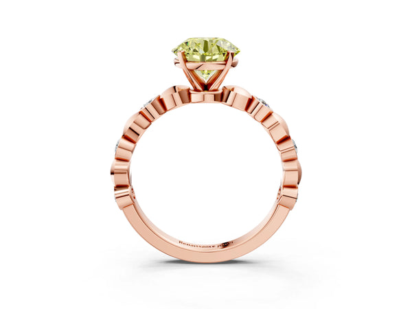 Rose gold Fancy Yellow Round  Solitaire Bezel-Set Diamond Ring with Beaded Band and Four-Prong Setting