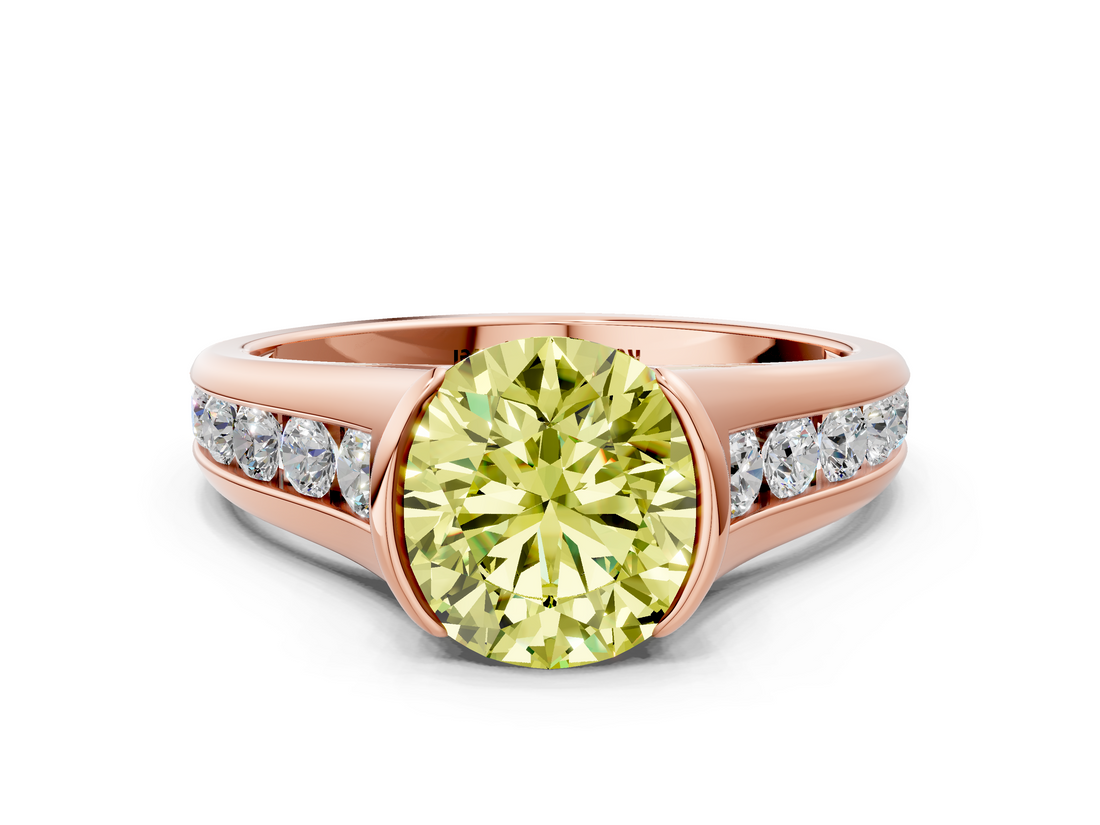 Rose gold Fancy Yellow Round  Solitaire Bezel-Set Diamond Ring with Channel-Set Band