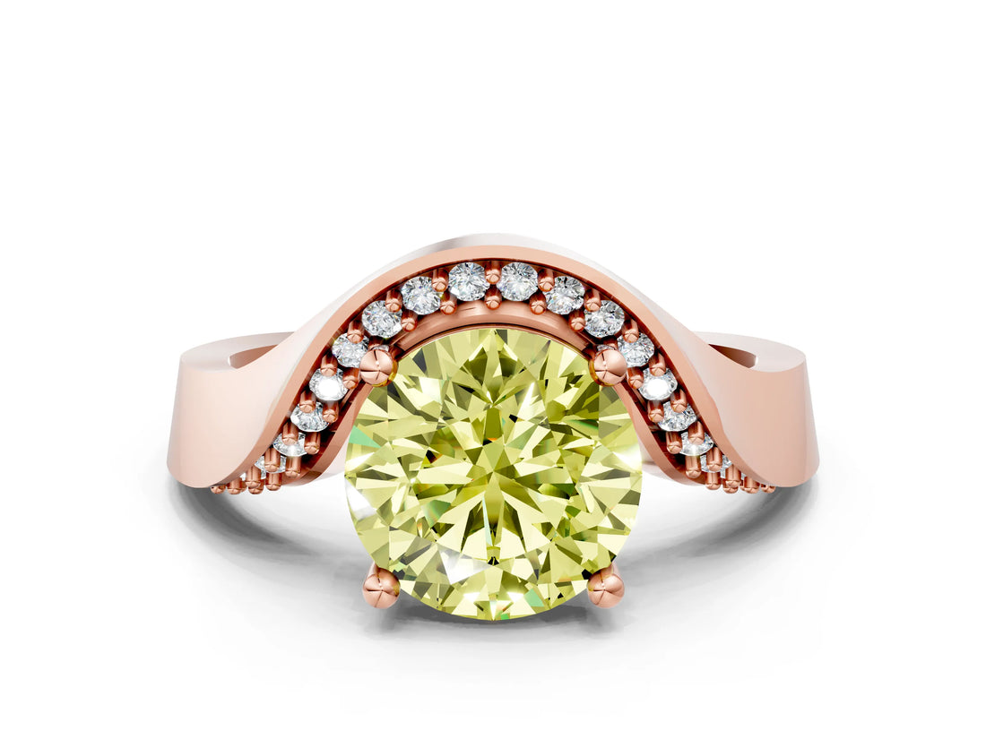 Rose gold Fancy Yellow Round  Solitaire Diamond Engagement Ring with Pave Band and Four-Prong Setting