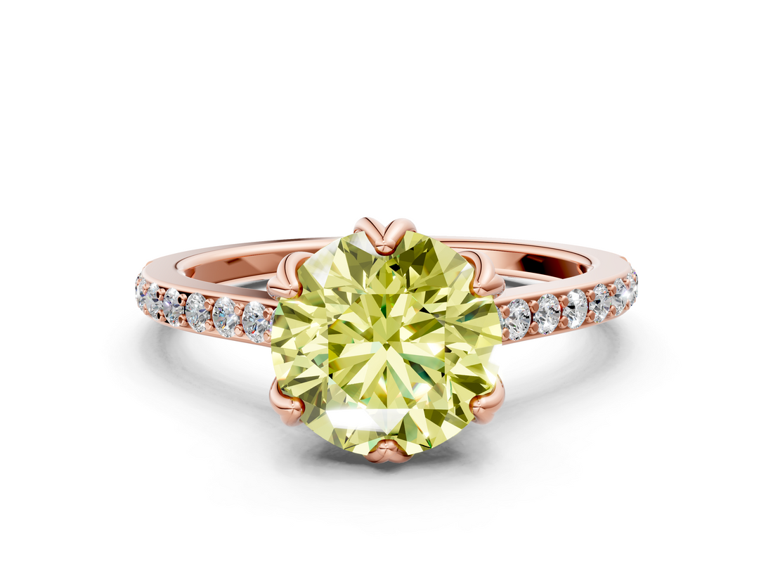 Rose gold Fancy Yellow Round  Solitaire Diamond Engagement Ring with Pave Band and Six-Prong Setting
