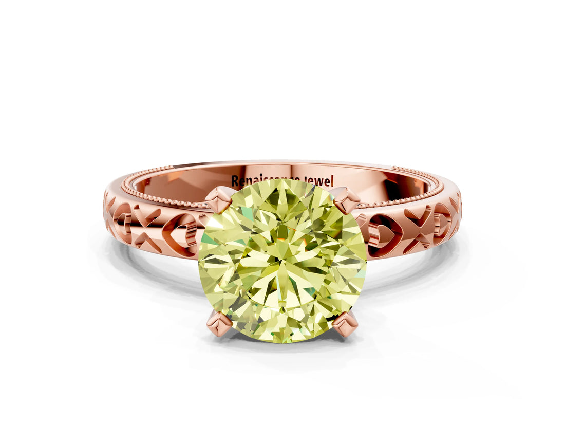 Rose gold Fancy Yellow Round  Solitaire Diamond Engagement Ring with XO Engraved Band and Four-Prong Setting