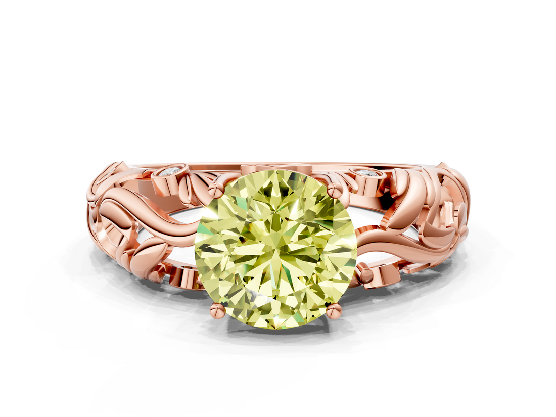 Rose gold Fancy Yellow Round  Solitaire Diamond Leaf Vine Band with Prong Setting