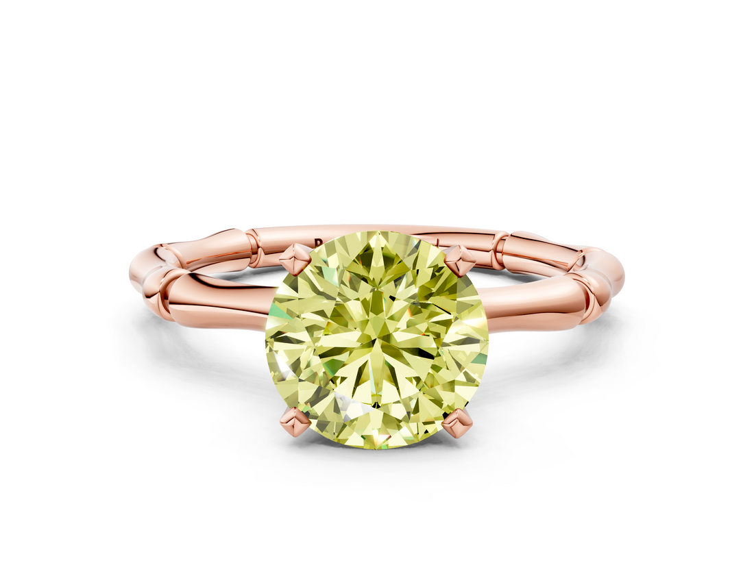 Rose gold Fancy Yellow Round  Solitaire Diamond Ring with Bamboo Band and Four-Prong Setting