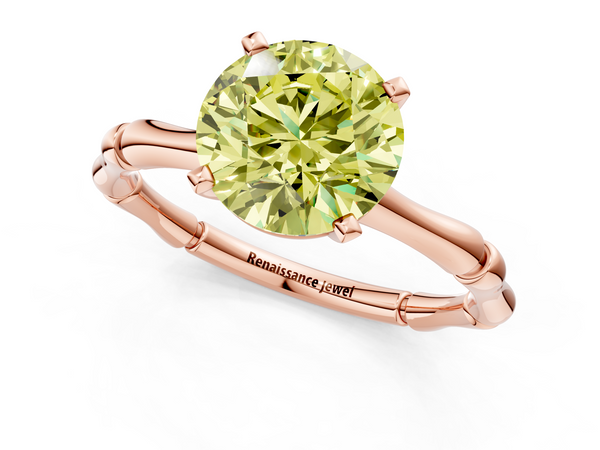 Rose gold Fancy Yellow Round  Solitaire Diamond Ring with Bamboo Band and Four-Prong Setting