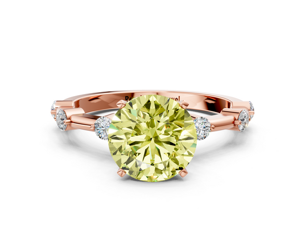 Rose gold Fancy Yellow Round  Solitaire Diamond Ring with Bezel Set Side Stones and Prong Setting