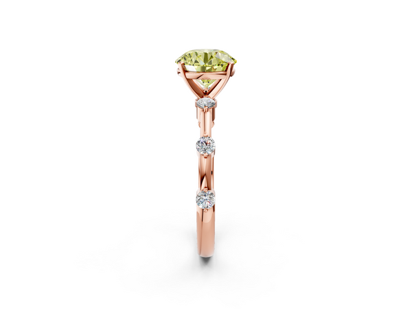 Rose gold Fancy Yellow Round  Solitaire Diamond Ring with Bezel Set Side Stones and Prong Setting