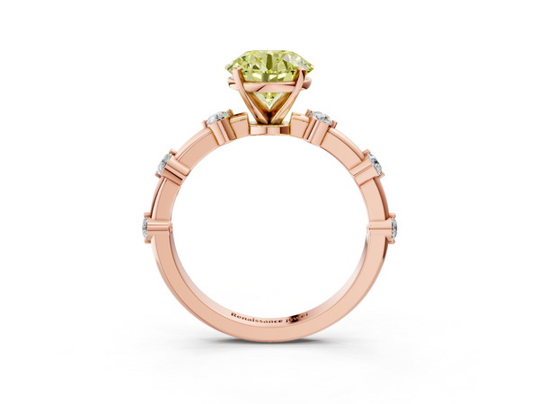 Rose gold Fancy Yellow Round  Solitaire Diamond Ring with Bezel Set Side Stones and Prong Setting