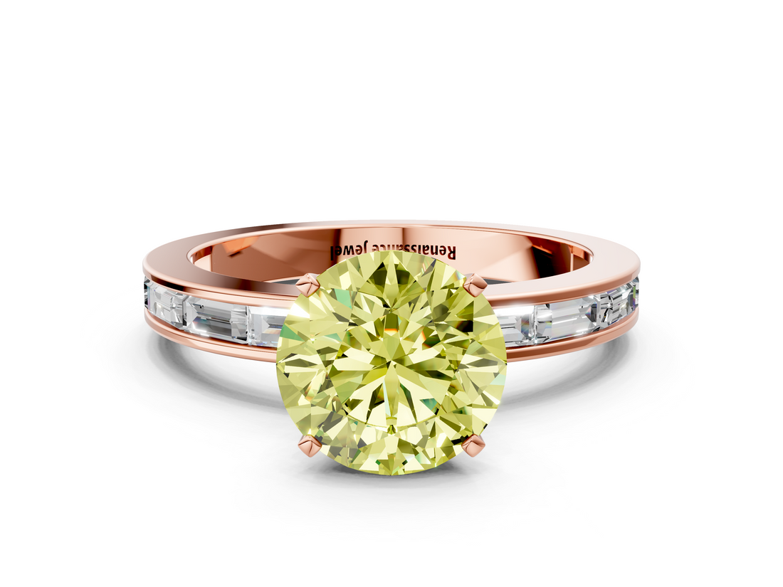 Rose gold Fancy Yellow Round  Solitaire Diamond Ring with Channel-Set Baguette Band and Four-Prong Setting