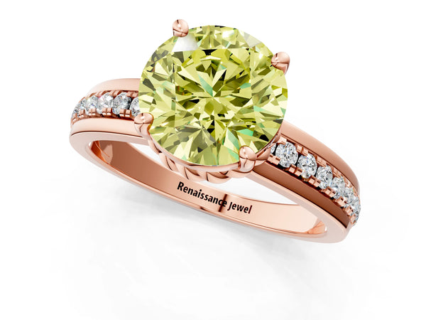 Rose gold Fancy Yellow Round  Solitaire Diamond Ring with Channel Set Band and Six-Prong Setting