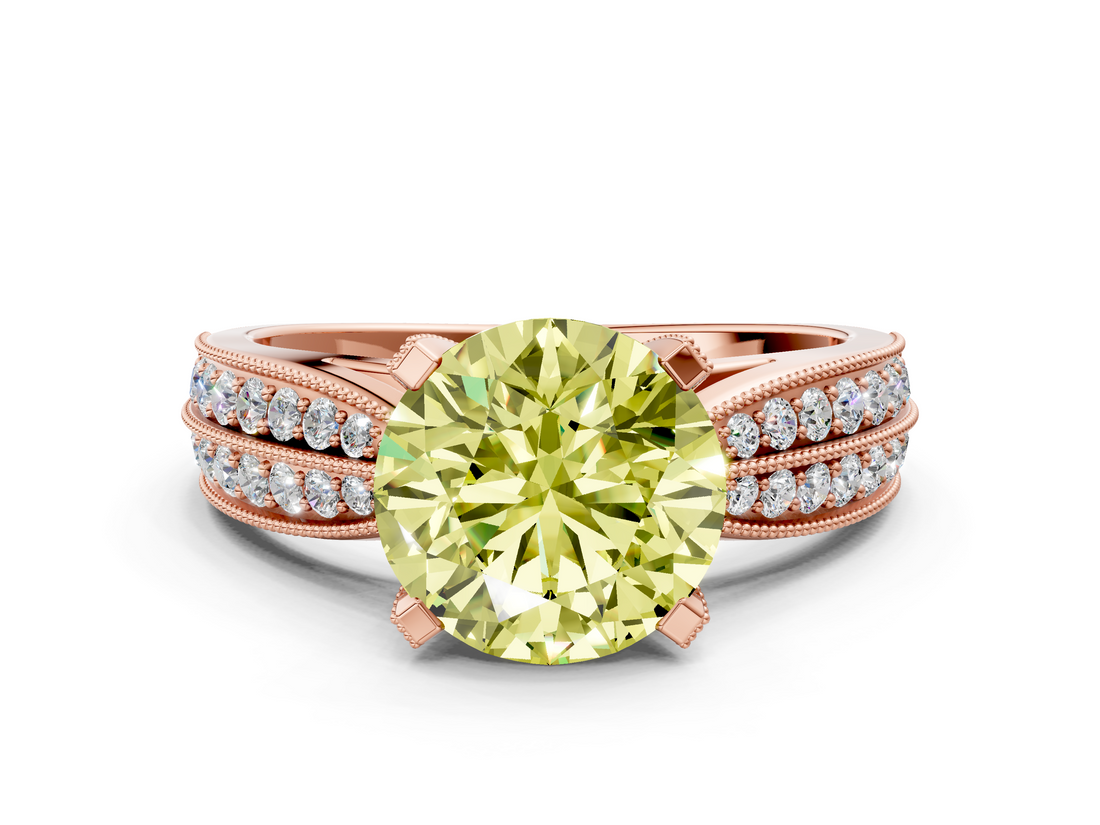 Rose gold Fancy Yellow Round  Solitaire Diamond Ring with Milgrain Pavé Band and Four-Prong Setting_37
