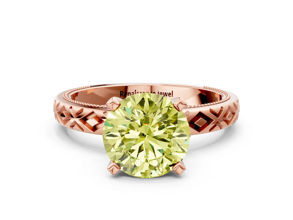 Rose gold Fancy Yellow Round  Solitaire Diamond Ring with Milgrain and Black Enamel X Pattern Band