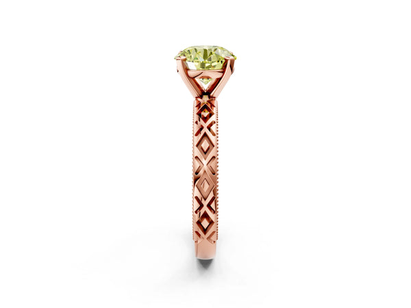 Rose gold Fancy Yellow Round  Solitaire Diamond Ring with Milgrain and Black Enamel X Pattern Band
