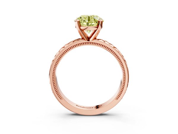 Rose gold Fancy Yellow Round  Solitaire Diamond Ring with Milgrain and Black Enamel X Pattern Band