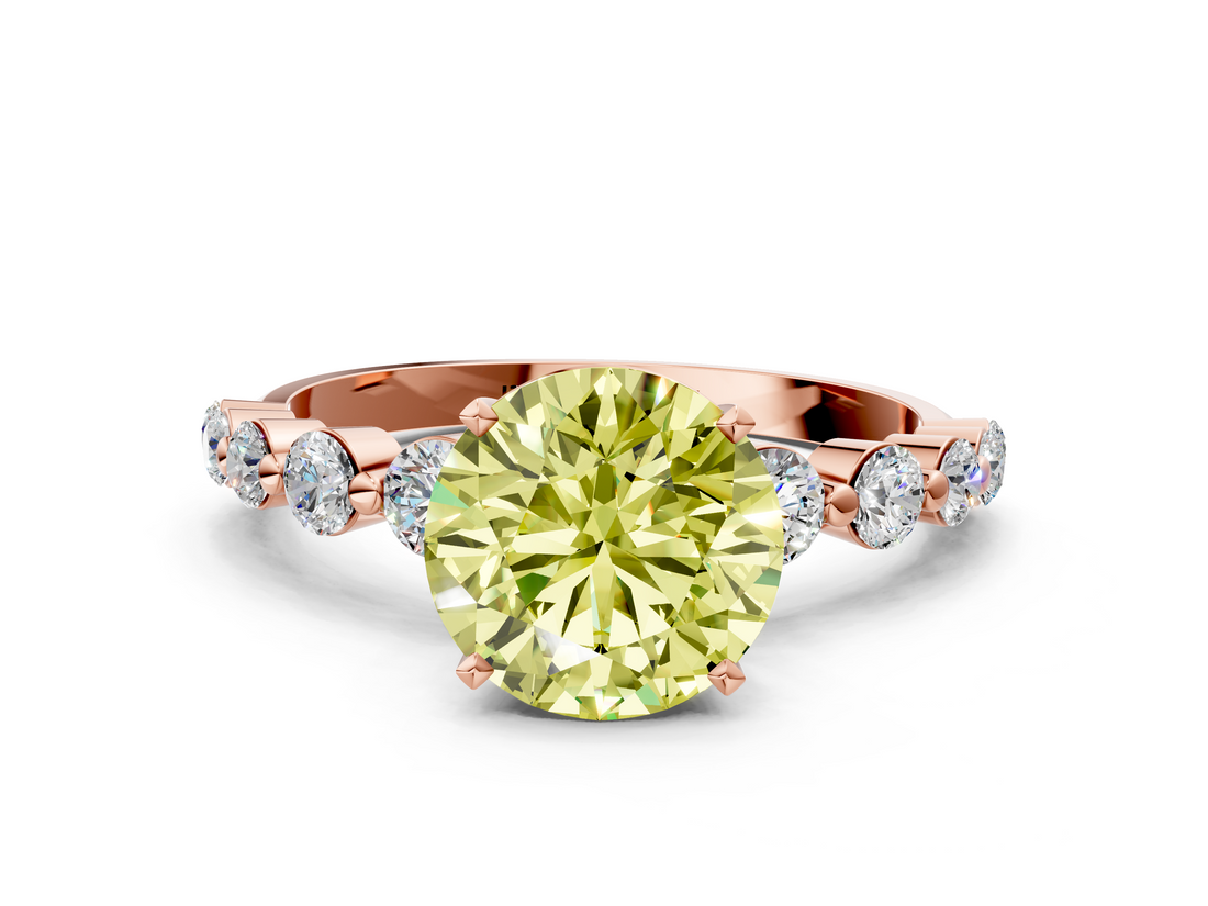 Rose gold Fancy Yellow Round  Solitaire Diamond Ring with Pave Band and Four-Prong Setting