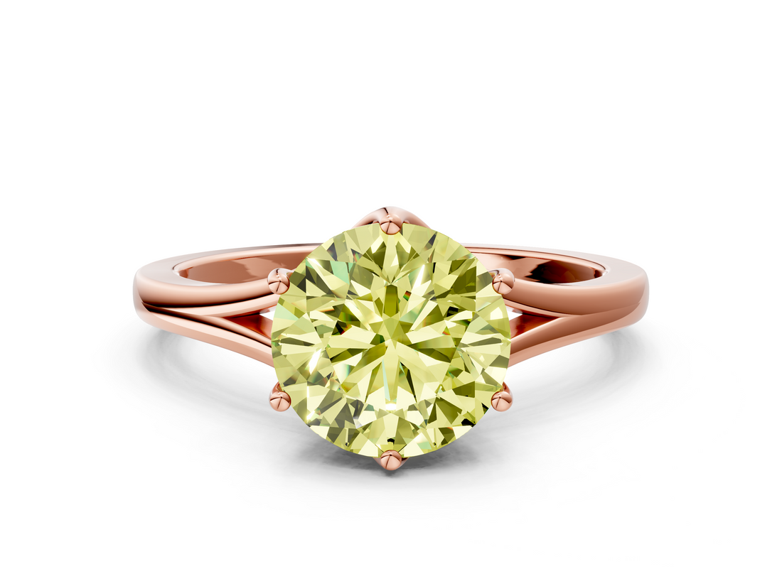Rose gold Fancy Yellow Round  Solitaire Diamond Ring with Six-Prong Setting and Tapered Band