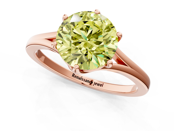 Rose gold Fancy Yellow Round  Solitaire Diamond Ring with Six-Prong Setting and Tapered Band