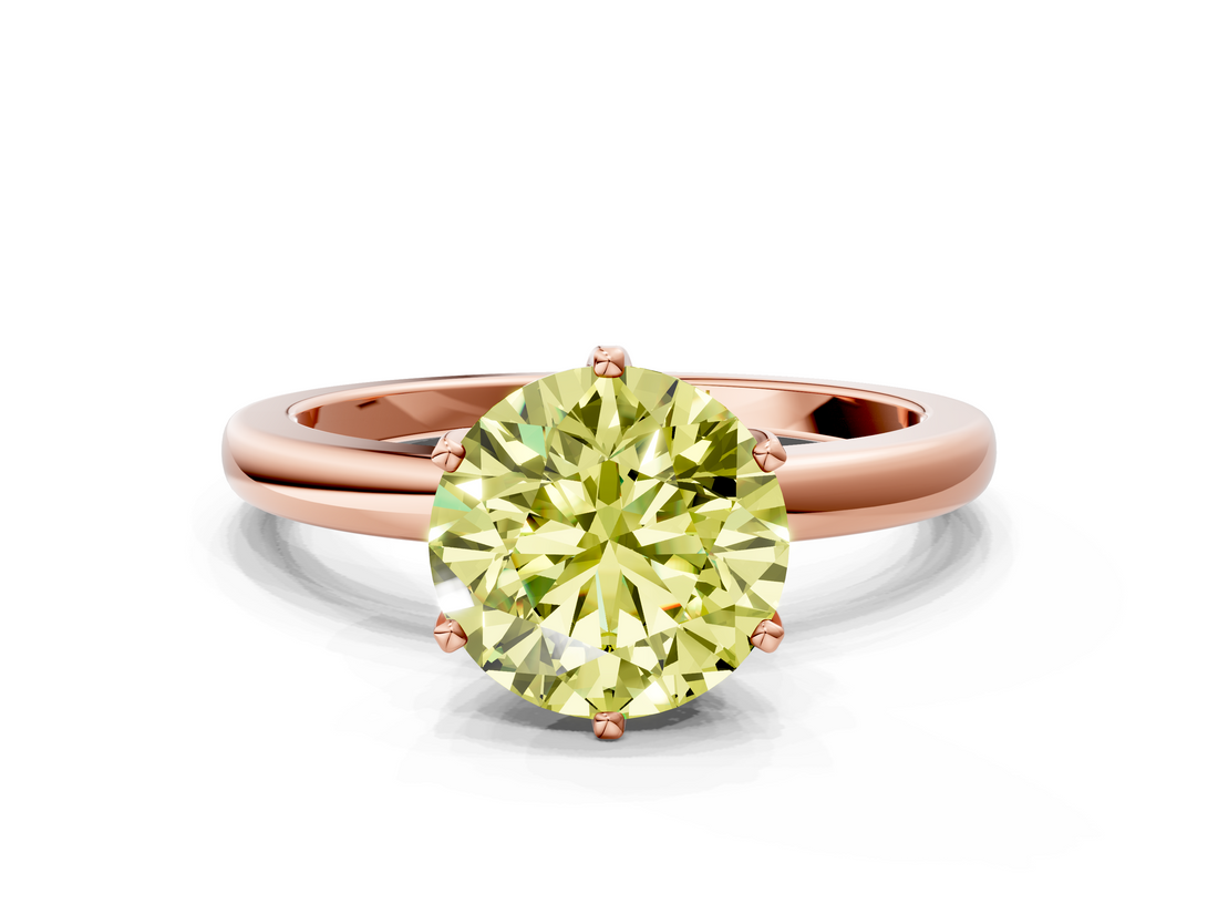 Rose gold Fancy Yellow Round  Solitaire Diamond Ring with Six-Prong Setting on a Classic Band