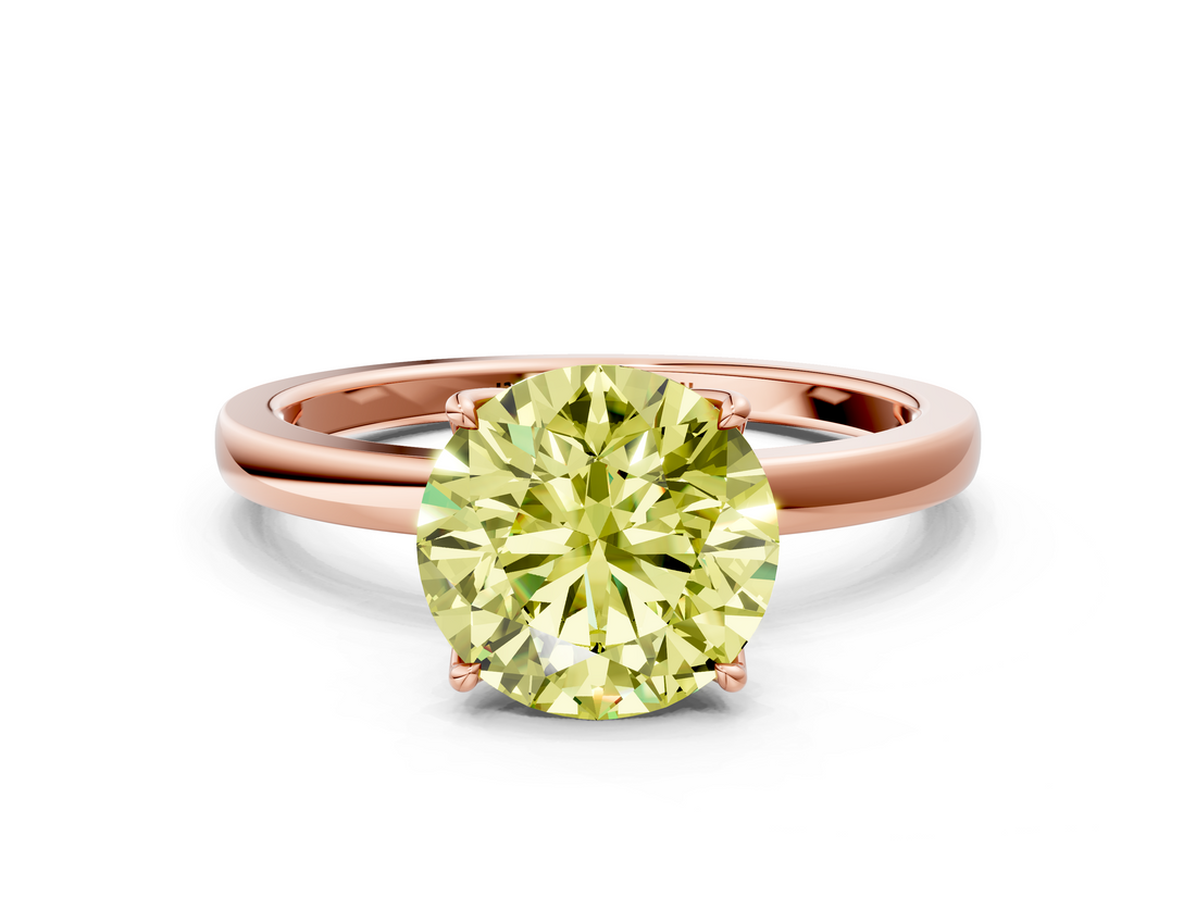 Rose gold Fancy Yellow Round  Solitaire Diamond Ring with Thin Band and Four-Prong Setting