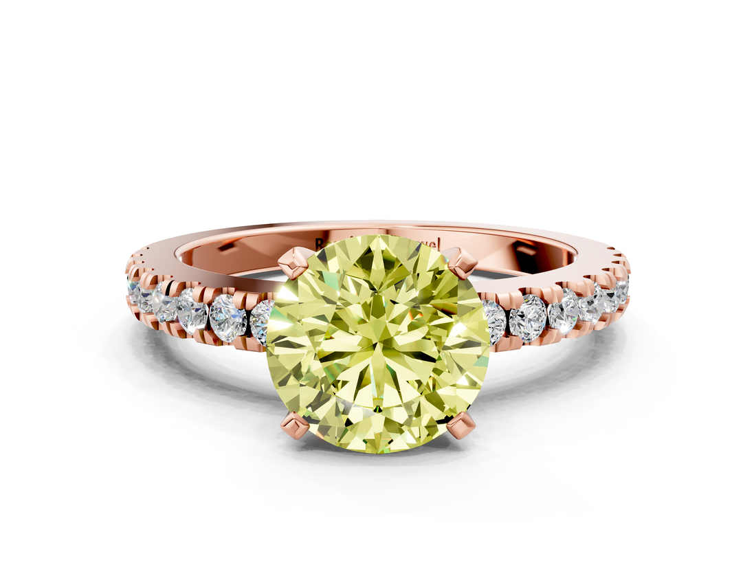 Rose gold Fancy Yellow Round  Solitaire Diamond with Pavé Band and Four-Prong Setting