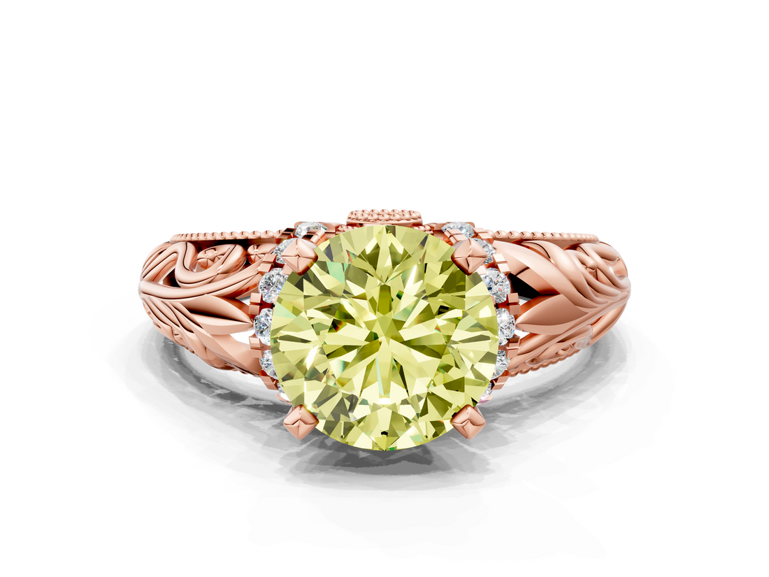 Rose gold Fancy Yellow Round  Solitaire Filigree Engagement Ring with Halo and Prong Setting