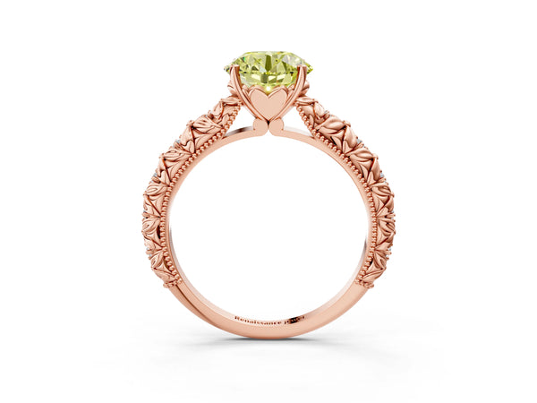Rose gold Fancy Yellow Round  Solitaire Floral Milgrain Engagement Ring