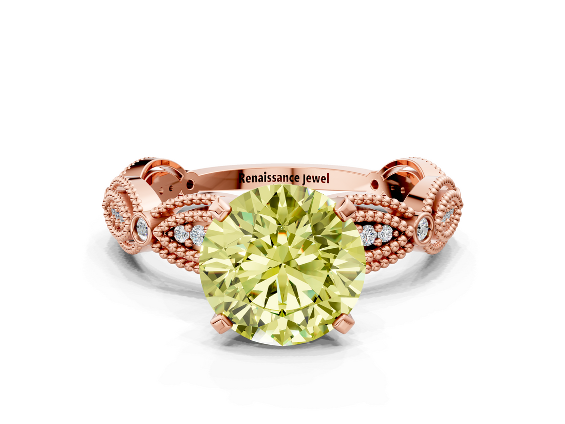 Rose gold Fancy Yellow Round  Solitaire Milgrain Diamond Engagement Ring with Bezel and Marquise Band