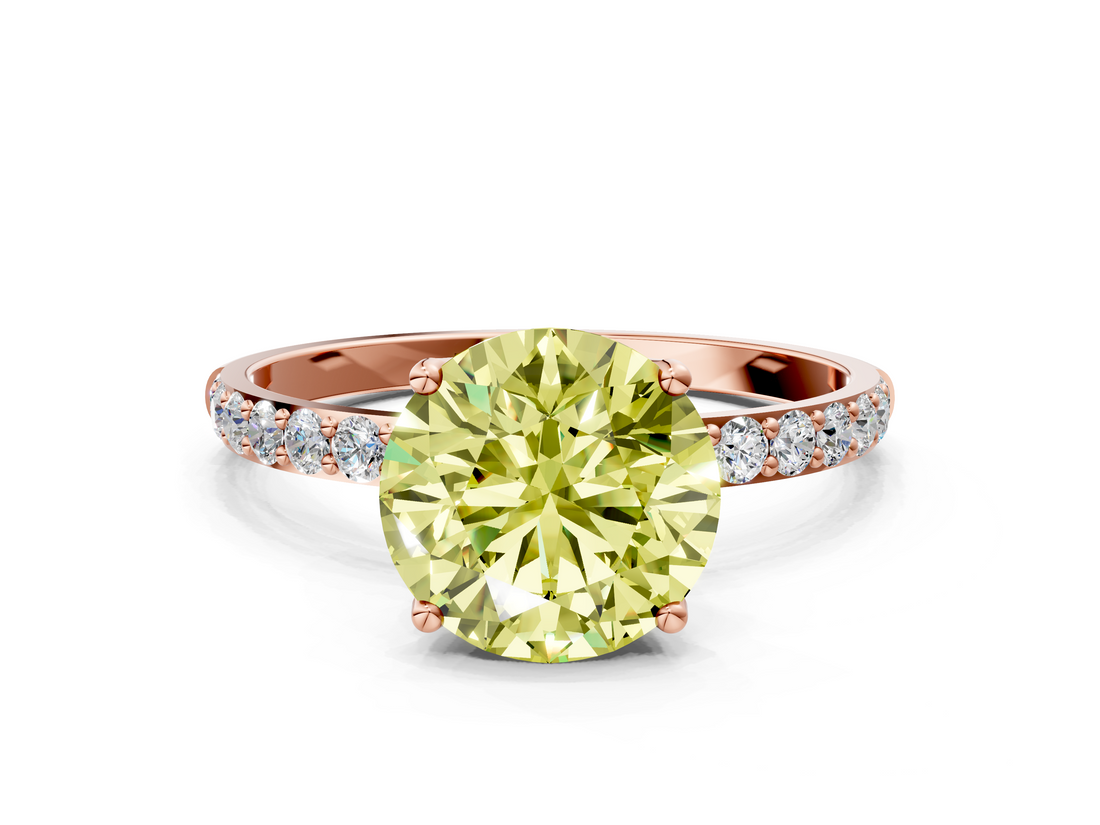 Rose gold Fancy Yellow Round  Solitaire Pavé Diamond Engagement Ring with Four-Prong Setting