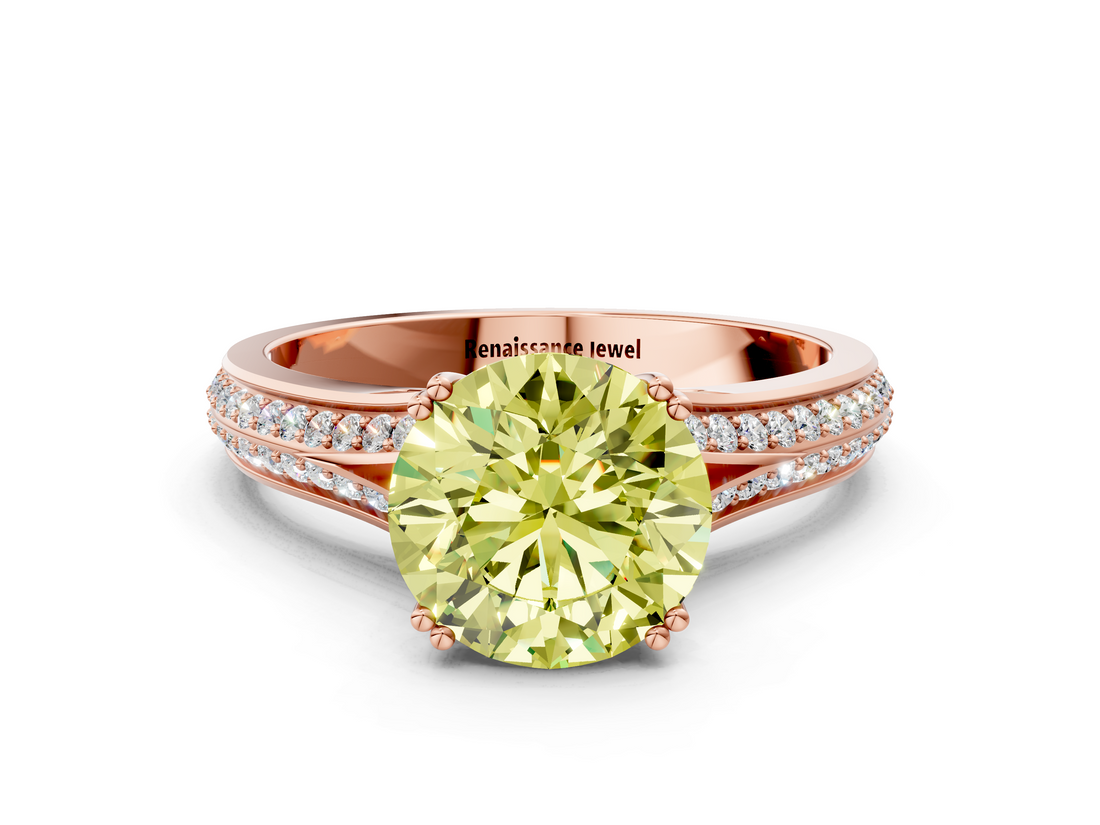 Rose gold Fancy Yellow Round  Solitaire Pave Split Shank Engagement Ring with Six-Prong Setting