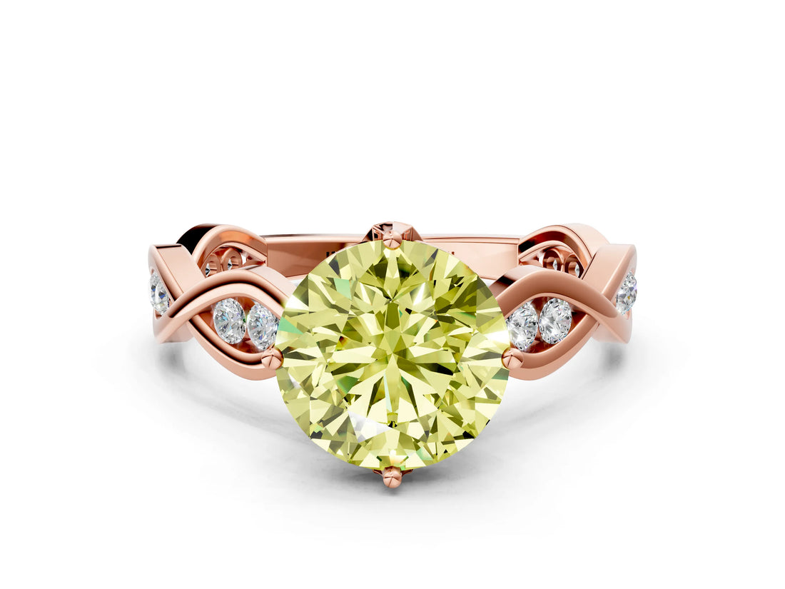 Rose gold Fancy Yellow Round  Solitaire Twist Band with Leaf Prong Setting 1