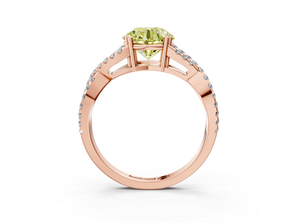 Rose gold Fancy Yellow Round Cut Diamond Solitaire Ring with Four-Prong Setting and Twisted Pavé Band