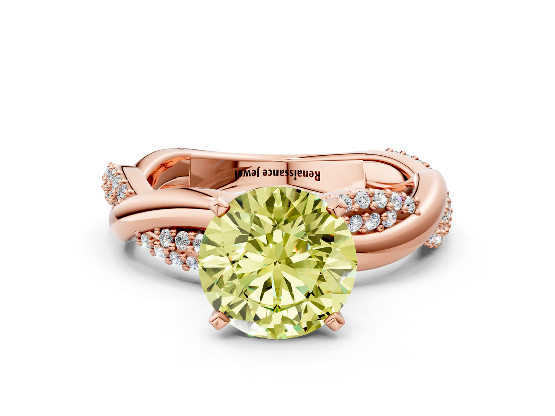 Rose gold Fancy Yellow Round  Solitaire Twist Band with Pave Prong Setting