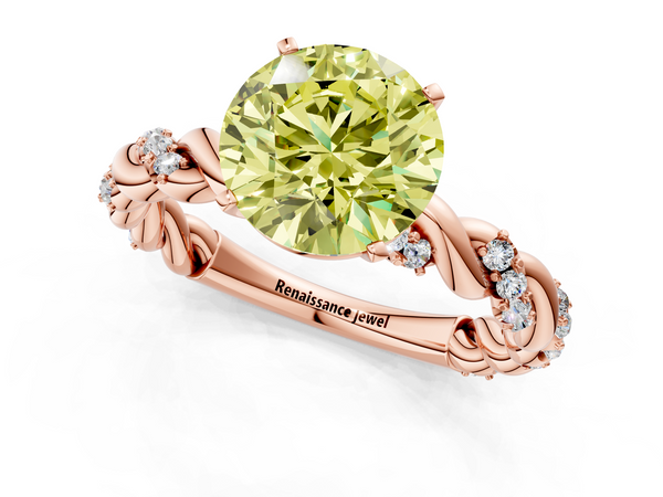 Rose gold Fancy Yellow Round Cut Diamond Solitaire Ring with Twisted Band and Pavé Accents