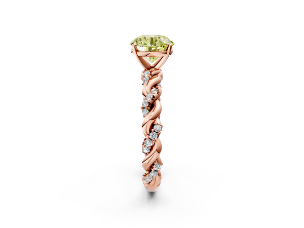 Rose gold Fancy Yellow Round Cut Diamond Solitaire Ring with Twisted Band and Pavé Accents