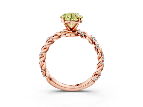 Rose gold Fancy Yellow Round Cut Diamond Solitaire Ring with Twisted Band and Pavé Accents
