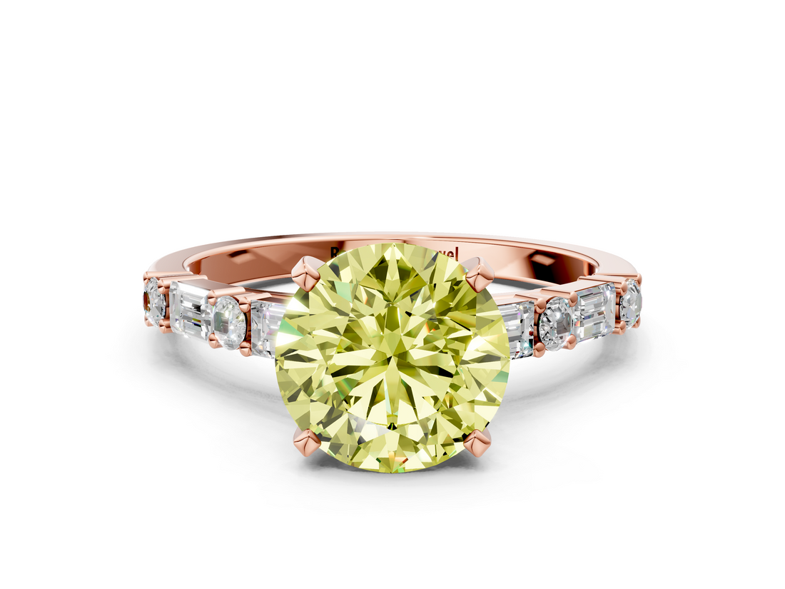 Rose gold Fancy Yellow Round  Solitaire with Side Baguettes and Channel Set Band