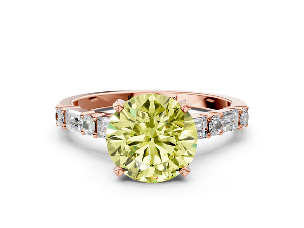 Rose gold Fancy Yellow Round Cut Diamond Solitaire with Side Baguettes and Channel Set Band