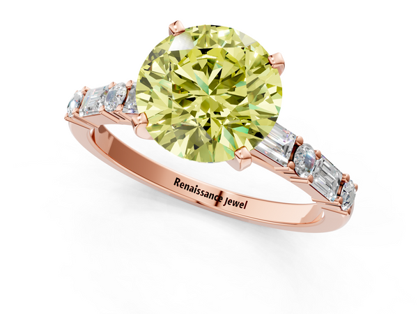 Rose gold Fancy Yellow Round Cut Diamond Solitaire with Side Baguettes and Channel Set Band