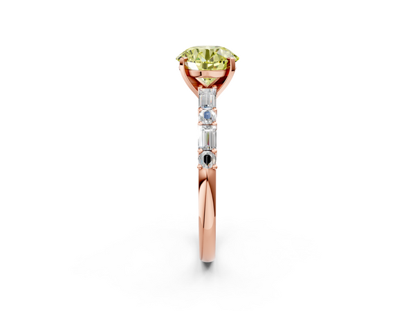 Rose gold Fancy Yellow Round Cut Diamond Solitaire with Side Baguettes and Channel Set Band